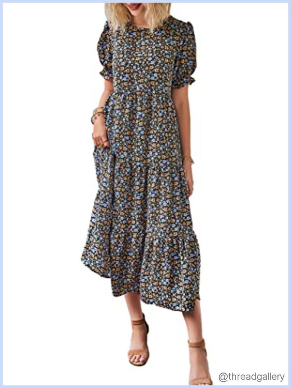 Women's Floral Print Midi Dress Puff Sleeve A-Line Summer Casual